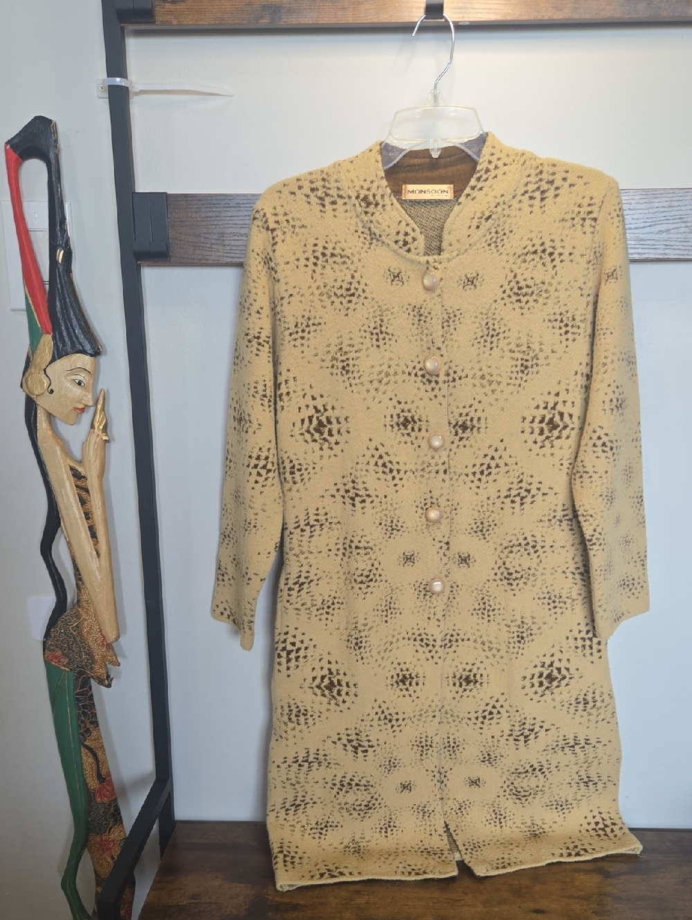 Vtg Gold Monsoon Beige Knit Button-Front Long Sleeve Dress Coat